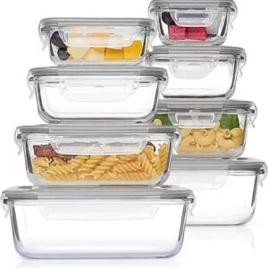 Vtopmart 8 Pack Glass Meal Prep Containers with Leak Proof Locking Lids, Airtight Food Storage Containers for Microwave, Oven, Freezer and Dishwasher, BPA Free, Grey